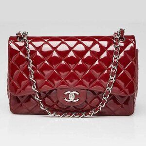 Chanel Red Quilted Patent Leather Classic Jumbo Double Flap Bag